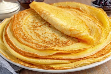 Stack of golden crepes, sweet breakfast dish, rustic style, close-up shot, warm yellow tones, with jam and sour cream on light wooden background