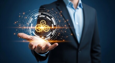 Visionary businessman presenting innovative technology solution with connected network and gears in hand