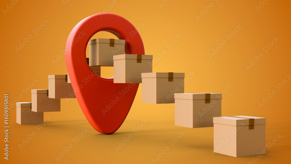 Poster cardboard box or parcel box floats in the air on the front and back of the map or navigation pin on 