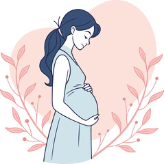Pregnant woman gently holding her belly with delicate floral accents