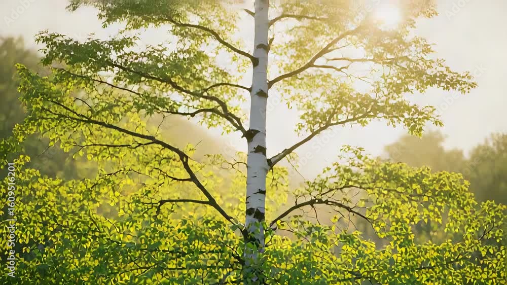 Poster close up of a birch tree with vibrant green leaves in a forest setting. soft, golden sunlight filter