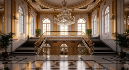 Grand Staircase Interior Design: Luxury Palace Architecture, Golden Railings, Crystal Chandelier