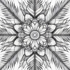 Fototapeta premium Intricate black and white floral mandala pattern with palm leaves for artistic design 