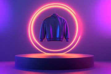 Dark purple bomber jacket displayed on a podium with neon lighting.