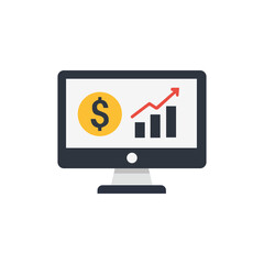financial monitor vector, Flat computer monitor icon with dollar sign and bar graph for business finance data report or investment dashboard UI design
