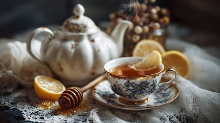 Tea steams in a china cup with lemon and honey. Elegant still life for marketing, web, and editorial uses. © Kinza