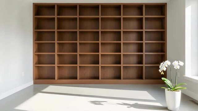 Bright room with empty brown wooden bookcase against white walls and grey floor. A white orchid plant sits beside a window. Sunlight streams in
