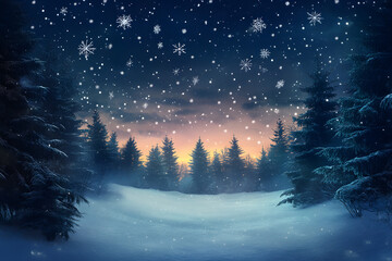 Winter night with snow-covered trees