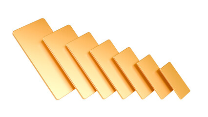 Gold bars of different sizes in ascending order isolated. Gold bars by size on isolated background. 3d illustration. Gold ingots isolated.