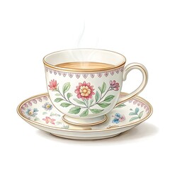 Elegant vintage floral teacup and saucer filled with coffee