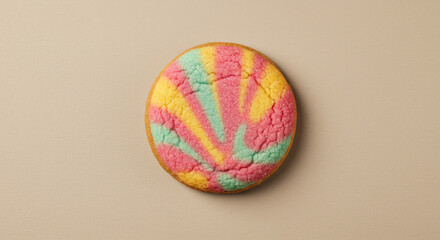 Obraz premium OvalShaped Rainbow Swirl Sugar Cookie with Pastel Pink Yellow and Teal Icing.