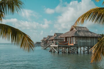 Serene overwater bungalows with thatched roofs offer ultimate tropical escape and relaxation under blue skies