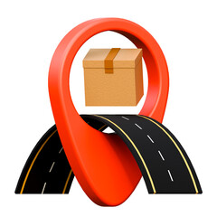 A cardboard box rests on road running through the middle of a red map pin isolated. Online shopping , ecommerce, logistics, delivery and design elements. Express delivery.