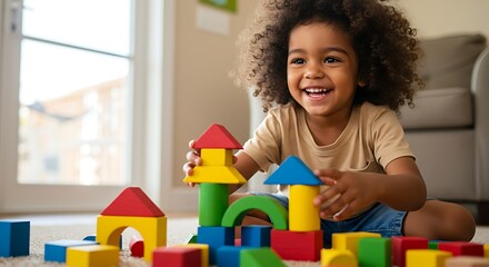 A joyful child constructs a tower with colorful wooden blocks while smiling broadly.