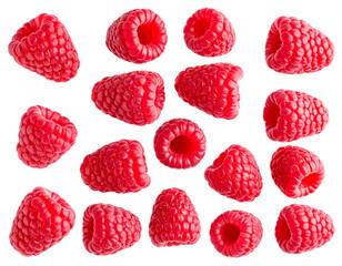 Top View of Scattered Fresh Raspberries on White Background PNG