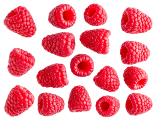 Top View of Scattered Fresh Raspberries on White Background PNG