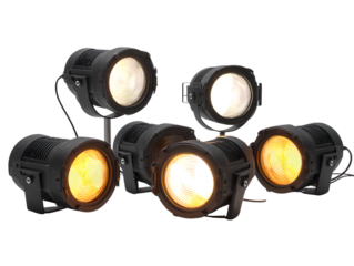 6 stage light heads on a metal bar, hanging from the ceiling, with different sizes and styles of lights against a  transparent background.