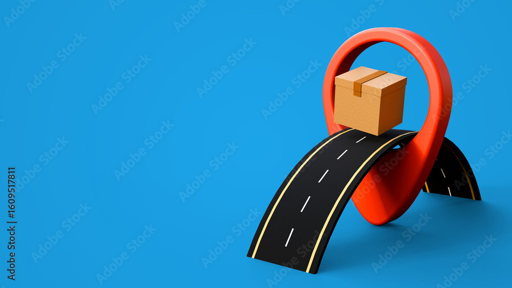 Poster a cardboard box rests on road running through the middle of a red map pin with copyspace on a blue b