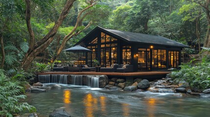 Luxurious jungle cabin by a tranquil stream