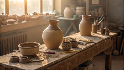 Ceramic pottery workshop with unglazed vessels and tools on rustic table, artisan craft concept