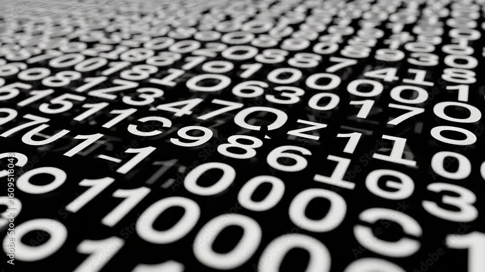Poster a repeating pattern of white digits and characters against a dark black background. a close-up shall