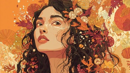 A young woman with curly black hair adorned with autumn leaves and flowers. The background features warm orange tones, symbolizing the fall season.