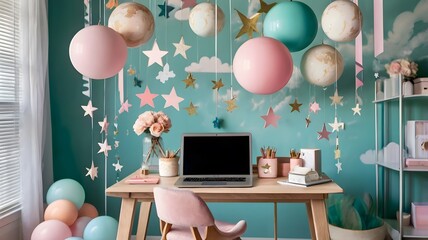 Image naming sentence:
Happy birthday celebration with balloons and digital tech-themed background