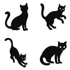 Set of black cat silhouettes in various poses. black and white illustration isolated on white background. Cat, halloween