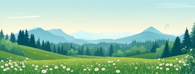 Obraz premium A trendy flat simple style illustration of spring and summer backgrounds, complete with copy space for text, showcasing landscapes adorned with plants, leaves, and flowers, ideal for use in banners,