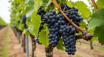 Fototapeta premium Ripe dark purple grapes hanging on a vine in a vineyard wine fruit