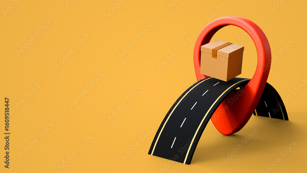 Poster a cardboard box rests on road running through the middle of a red map pin with copyspace on a yellow