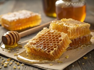Raw natural honeycomb slices with honey dipper and jars on rustic wood, healthy food concept