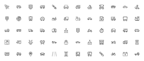 Transport icon set. Vector illustration pack. Includes rocket, van, traffic lights, car, truck, bus, ship, scooter, petrol pump and more. Editable stroke design.