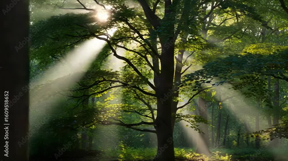 Poster sunlight streams through the trees in a lush green forest, creating a serene and magical atmosphere.
