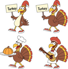 Cartoon Turkey Characters Celebrating Thanksgiving with Signs Pumpkin and Guitar