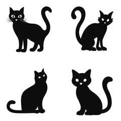 Set of black cat silhouettes in various poses. black and white illustration isolated on white background. Cat, halloween