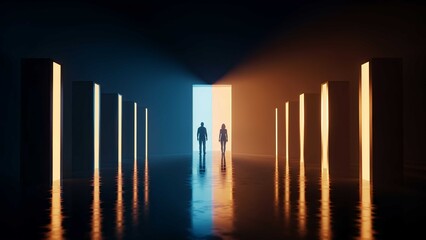 Two silhouettes in a reflective hallway with golden light rays, glowing tunnel atmosphere, mysterious low-light corridor interior with surreal and spiritual mood