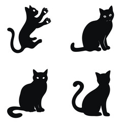 Set of black cat silhouettes in various poses. black and white illustration isolated on white background. Cat, halloween