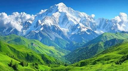 Naklejka premium Majestic snow-capped mountain peak overlooking lush green valleys