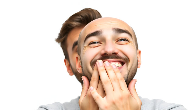 Portrait of happy cheerful handsome man, pranking friend, cant hold laugh, cover mouth as chuckling in unappropriate moment, smiling with eyes, giggle over funny joke, white background
