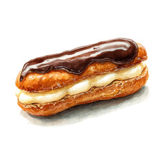 Eclair, watercolor painting, vector illustration, isolated on a white background.