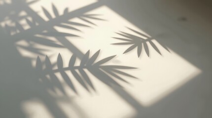 The shadow of a plant's leaves cast on a wall by sunlight from a window. A minimalist, abstract background with a focus on light, shadow, and a serene, calm mood.