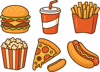 Delicious fast food assortment with burger soda fries pizza popcorn hotdog vector