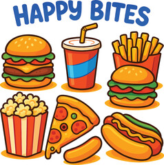 Cheerful fast food collection with burgers and pizza fries hotdog