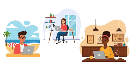 Remote Work Illustration: Diverse People Working on Laptops in Various Locations - Perfect for Blogs, Websites, and Presentations