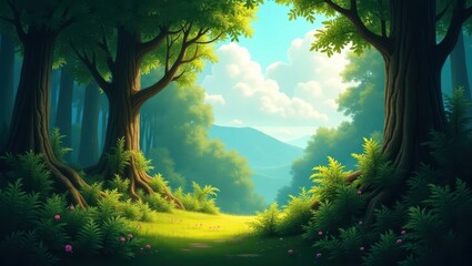 Lush forest glade bathed in sunlight.