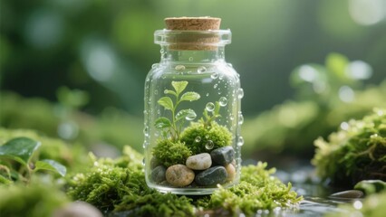 Miniature Ecosystem in a Glass Jar with Plants and Pebbles Amidst Moss