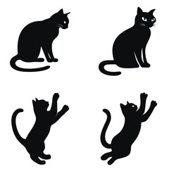 Set of black cat silhouettes in various poses. black and white illustration isolated on white background. Cat, halloween
