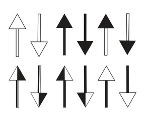 Set of black and white up and down arrows in various flat and outlined geometric vector styles