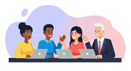 Diverse team of professionals collaborating on laptops, perfect for illustrating teamwork and communication in business.
